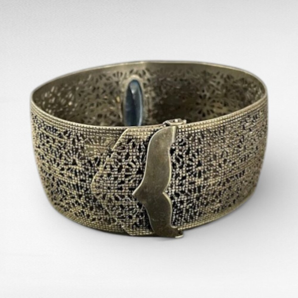 Antique Art Deco Wide Filigree Blue Glass Center Stone Buckle Bracelet - Picture 10 of 13